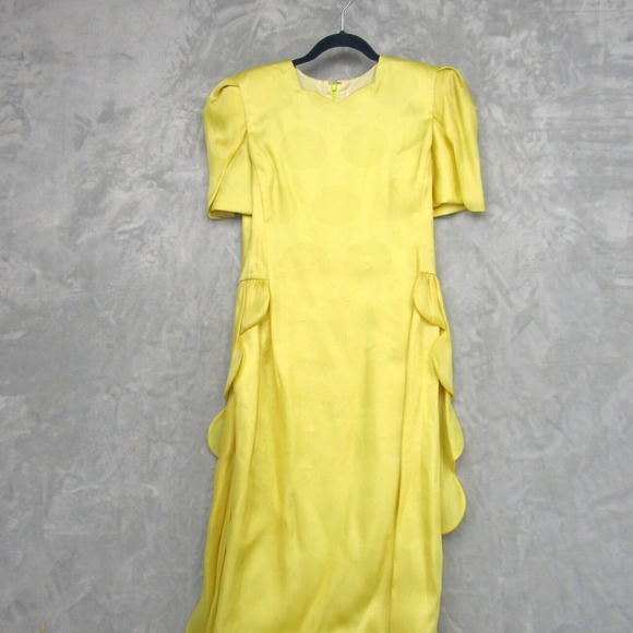 Carolina Herrera Vintage Dress Neiman Marcus Yellow Polka Dot Peplum Train 80's